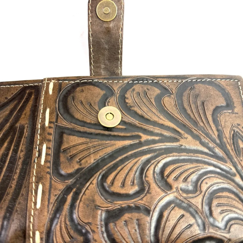 Leaders In Leather Wallet Handmade Tooled Wildflower‎ Design Brown Brand New